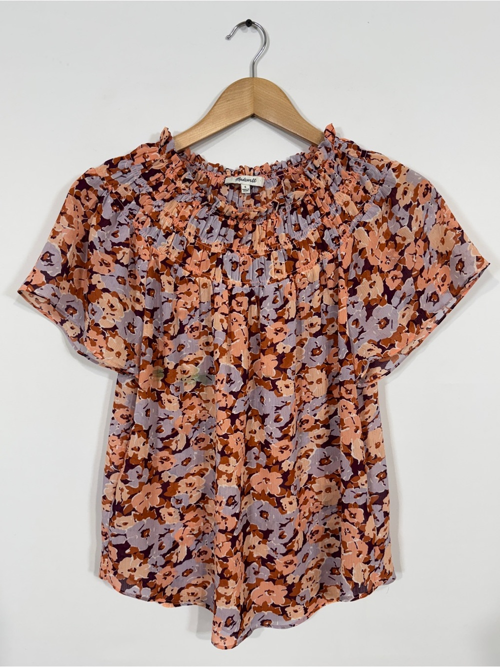 WSH146 {Madewell} Pink Floral Print Short Puff Sleeve Ruffle Trim Blouse